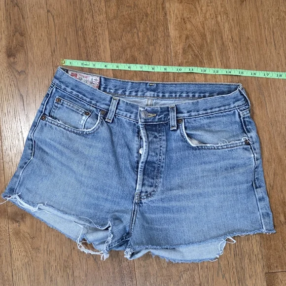 Vintage Rifle Distressed Cut Off Denim Medium Wash Blue Jean Button Fly Shorts - Picture 9 of 10